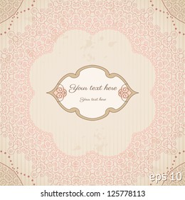 Vector vintage background. Filigree frame, striped paper and blots. Place for your text. Brown and pink.