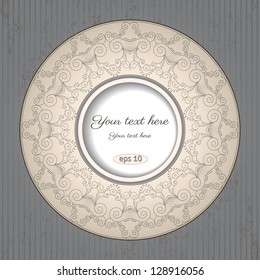 Vector vintage background. Filigree frame, striped paper and blots. Place for your text. Easily edit the colors.