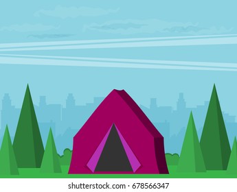 Vector vintage background with forest, city