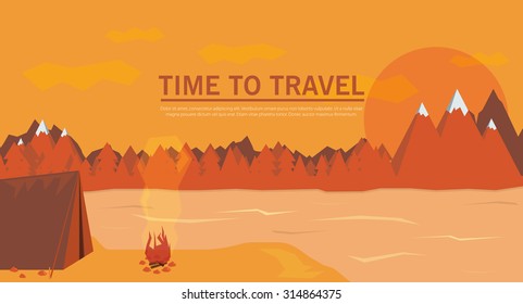 Vector vintage background with forest, mountains and hills