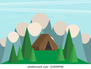 Vector vintage background with forest, mountains and hills