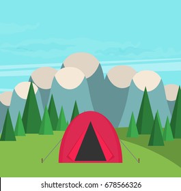 Vector vintage background with forest, mountains and hills