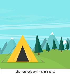 Vector vintage background with forest, mountains and hills