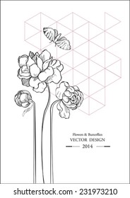 Vector vintage background with geometric triangular shapes and flowers. Invitation, wedding, birthday. 