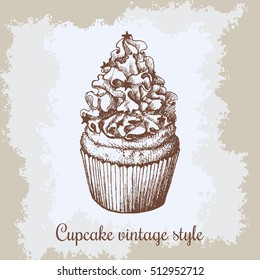 Vector vintage background. Hand drawn sweet cupcake c with icing. Can be used for greeting card, postcard or adult coloring book. Cute food illustration