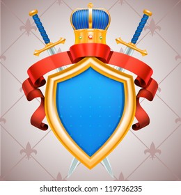 vector vintage background heraldic golden shield with ribbon banner, crown, swords