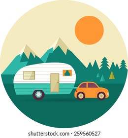 Vector vintage background with nature, forest, mountains and camper car