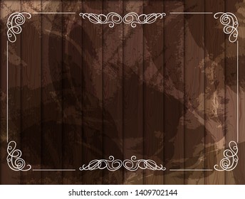 Vector Vintage Background with Ornamental White Frame, Dark Wooden Backdrop, Illustration.