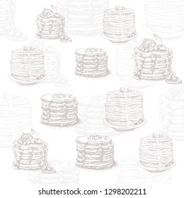Vector vintage  background pancake drawing. Hand drawn monochrome food illustration. Great for menu, poster or label.Pattern.