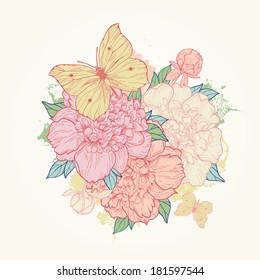 Vector vintage background with peony and butterfly. Use for invitations, greeting cards.