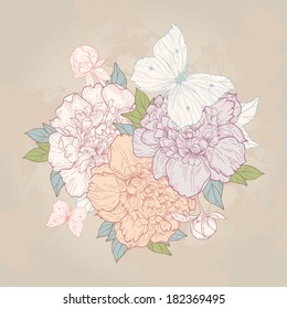 Vector vintage background with peony and butterfly. Use for invitations, greeting cards.