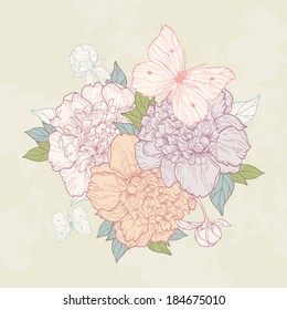 Vector vintage background with peony and butterfly. Use for invitations, greeting cards.