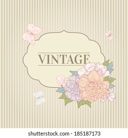 Vector vintage background with peony and butterfly. Use for invitations, greeting cards.