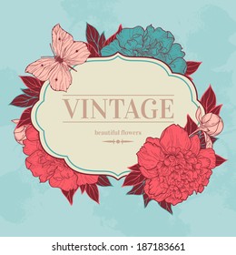 Vector vintage background with peony and butterfly. Use for invitations, greeting cards.