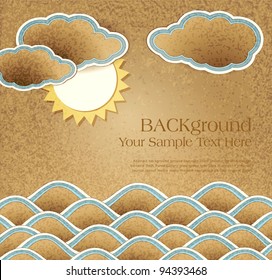 Vector vintage background with sea, clouds and sun on cardboard
