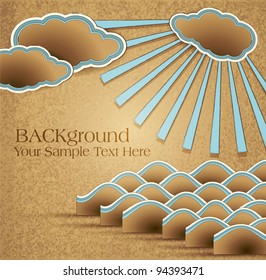 Vector vintage background with sea, clouds and rays on cardboard