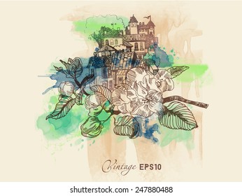 Vector vintage background. Watercolor cherry blossom