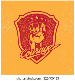 vector vintage badge of clenched fist held high in revolution or propaganda or protest