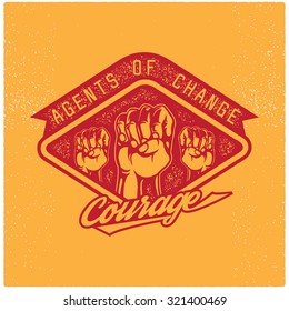 vector vintage badge of clenched fist held high in revolution or propaganda or protest