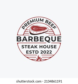 vector vintage badge label of steak house, bistro, beef, restaurant, grilled food logo template
