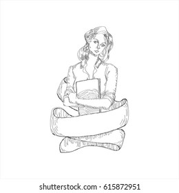Vector vintage badge or logotype with office business woman