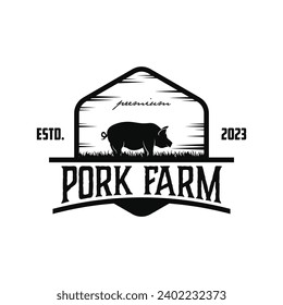 Vector vintage badge with pig for pork farm logo design