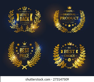 Vector vintage badges collection Best choice and price, Original Product, Money Back Guarantee. Shining glossy Premium Quality sign on black background