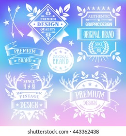 Vector vintage badges set. Premium quality white badges, labels and ribbons isolated on trendy gradient background