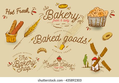 Vector Vintage Bakery shop sign and emblem designs / Baked / Cakes / Bread / Typography / Illustration / Hot, Fresh,Goods,Premium Quality, Muffin,