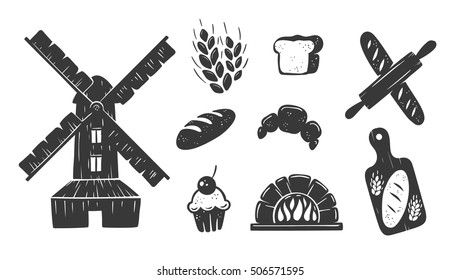 Vector vintage bakery symbols collection. Hand drawn elements for a bakery shop decoration. Rough graphics with simple details.