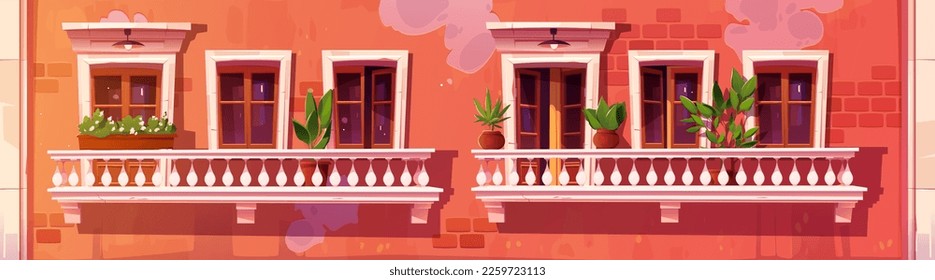 Vector vintage balcony building facade with door and window. Cartoon background illustration brick wall city house exterior. Flowerpot on retro apartment terrace. White balustrade with outdoor lamp.