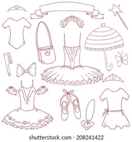 Vector vintage ballet school set for little girl princess,each element on separate layer