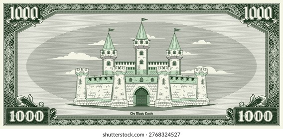 Vector vintage banknote with guilloche frame. Medieval fairytale stone castle with towers. Reverse denomination of bill 1000. Old military outpost, fortress. Retro money. One thousand. Engraving style