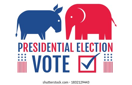 Vector vintage banner for 2020 presidential election in USA. Vector illustration of donkey and elephant. Vote 2020.