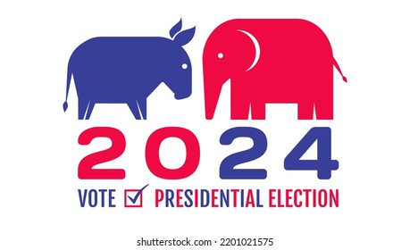 Vector vintage banner for 2024 presidential election in USA. Vector illustration of donkey and elephant. Vote 2024