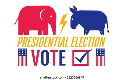 Vector vintage banner for 2024 presidential election in USA. Vector illustration of donkey and elephant. Vote 2024.