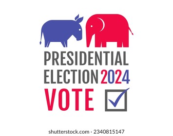 Vector vintage banner for 2024 presidential election in USA. Vector illustration of donkey and elephant. Vote 2024 American election.