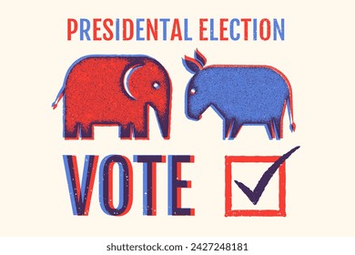 Vector vintage banner for 2024 presidential election in USA. Vector illustration of elephant and donkey. Vote 