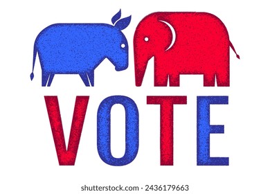 Vector vintage banner for 2024 presidential election in USA. Vector illustration of elephant and donkey. Vote 