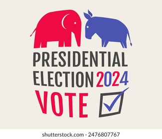 Vector vintage banner for 2024 presidential election in USA. Vector illustration of donkey and elephant. Vote 2024 American election.