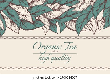 Vector vintage banner with black and white and green leaf branches on brown background. Plant arch. Decorative frame with text. Imitation of hand drawing on old craft paper. Artwork for tea packaging.