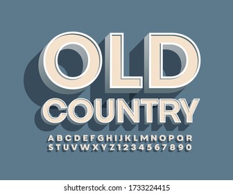 Vector Vintage Banner Old Country. 3D White Font. Retro Alphabet Letters And Numbers