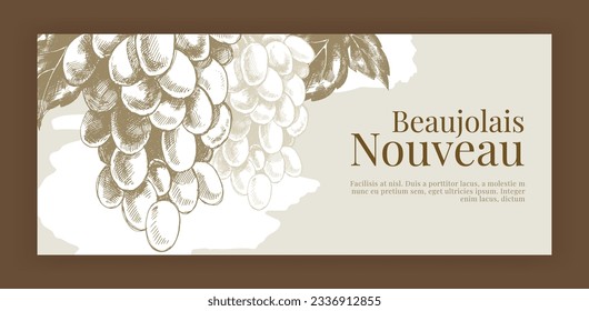 Vector vintage banner with two big hand drawn grape bunches. Wine festival invitation. Creative flyer layout. Monochrome rough shaded art. Retro style hatched element. Detailed natural pencil sketch. 