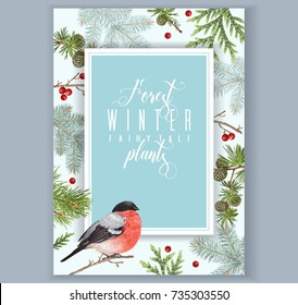 Vector vintage banner with winter forest branches and bullfinch. Highly detailed winter design for greeting card, Christmas party invitation, holiday sales. Can be used for poster, web page, packaging