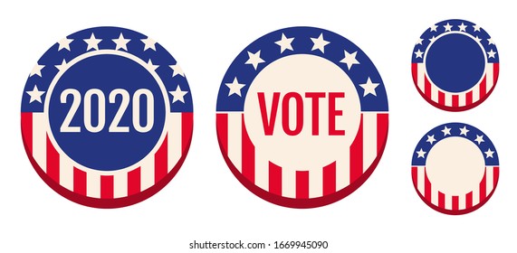 Vektorillustration-Vintage-Banner für die Präsidentschaftswahlen 2020 in den USA. Wahl 2020. Abstimmung 2020. Amerikanische Pins.