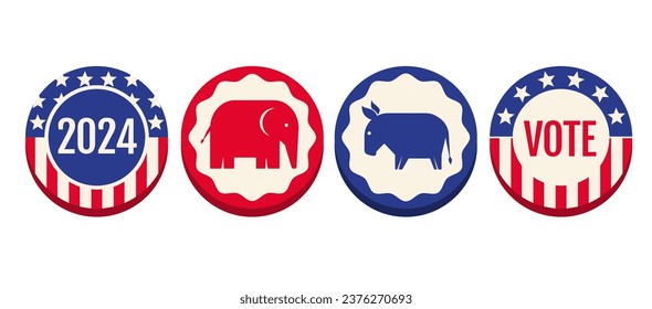 Pancartas vectoriales para las elecciones presidenciales de 2024 en Estados Unidos. Elecciones 2024. Votación 2024. Pines americanos. Burro y elefante.