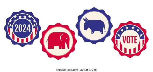 Vector vintage banners for 2024 presidential election in USA. Election 2024. Vote 2024. American pins. Donkey and elephant.