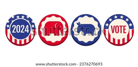 Vector vintage banners for 2024 presidential election in USA. Election 2024. Vote 2024. American pins. Donkey and elephant.