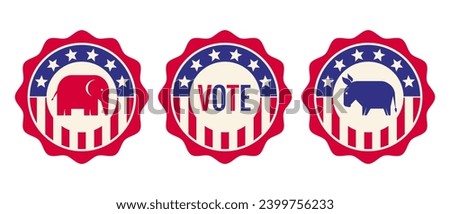Vector vintage banners for 2024 presidential election in USA. Election 2024. Vote 2024. American pins. Donkey and elephant.