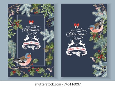 Vector vintage banners with branches, birds and Christmas banner with deers and bells. Christmas design for greeting card, party invitation, holiday sales. Can be used for poster, web page, packaging